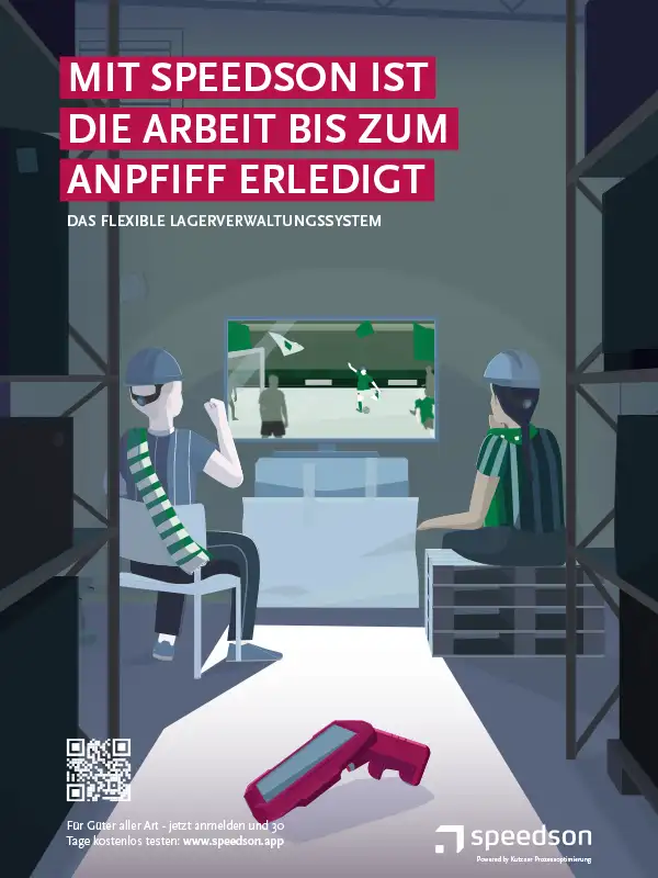 Illustrierte Anzeige für Speedson WMS. Zeigt zwei Lagermitarbeitende, die Fußball im Lager schauen