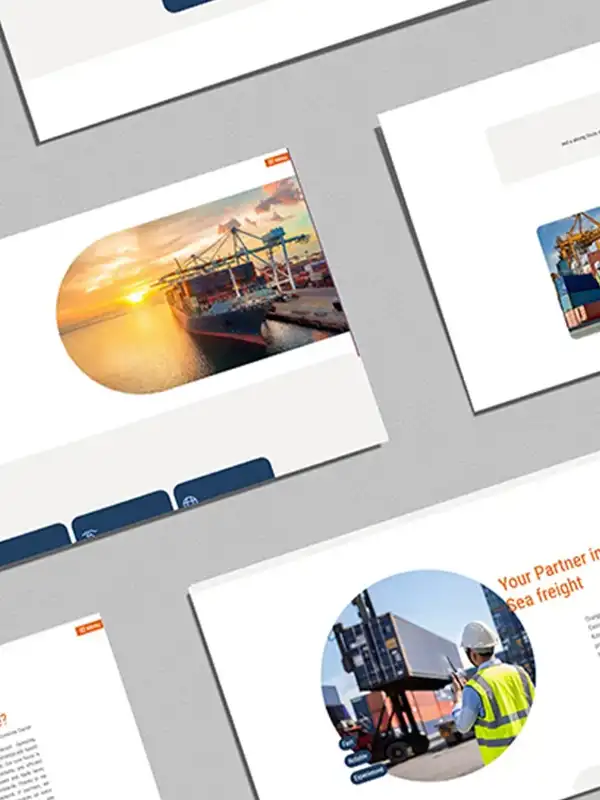 Screenshots einer modernen Logistik-Website mit blauen und orangen Elementen