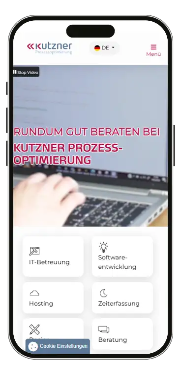 Handy-Ansicht derselben Website. Vertikal. Maximal 2 Elemente nebeneinander. Die Elemente sind groß genug, um sie mit dem Finger zu bedienen.